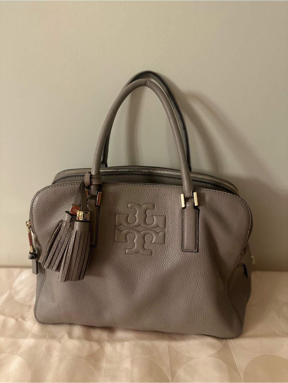 Tory Burch Gray-Taupe Leather Satchel with Tassel